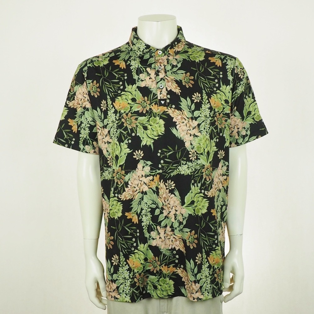 Bad Birdie Golf Polo Shirt Mens Sz XL Black Floral Randy's Moss AOP Performance